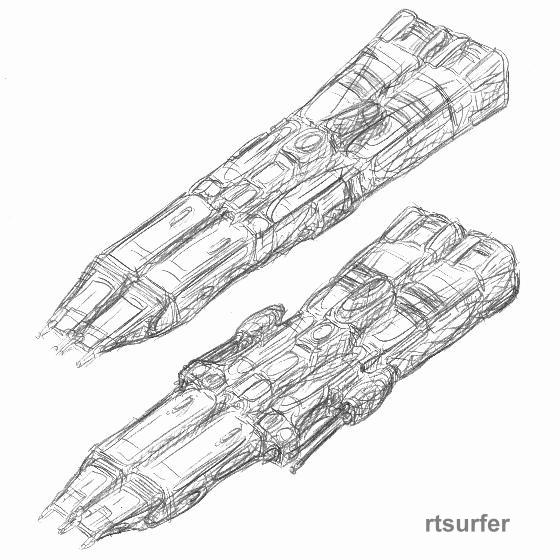 Zor's SDF with weapons stowed & aft tower lowered (top); Zor's SDF with weapons deployed & aft tower raised - to slow it's decent into Earth's atmosphere (bottom)